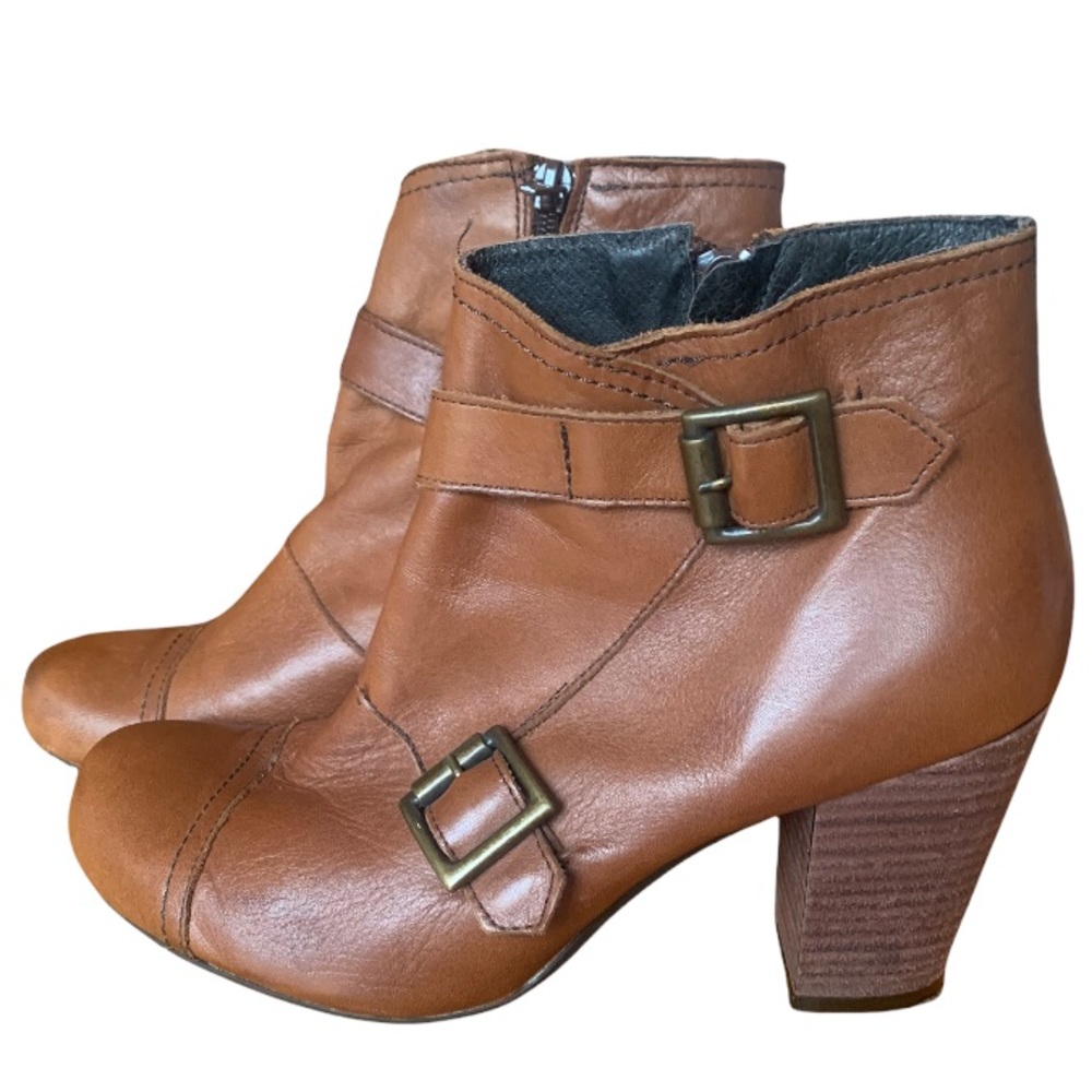 Miz Mooz Brown Leather Booties Ankle Boots Size 8.5 Side Zipper Block Heel